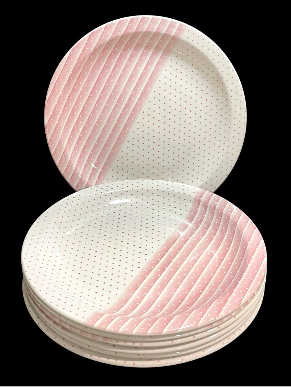 Vintage 1960s Pink Shades Churchill Dinner Plates (7) Pink & White Stripes Dots